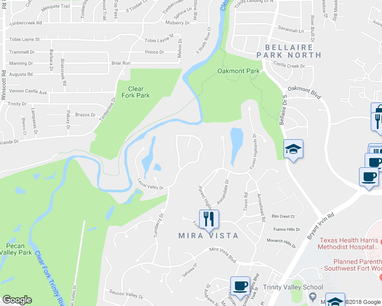 map of restaurants, bars, coffee shops, grocery stores, and more near 5821 Singletree Court in Fort Worth