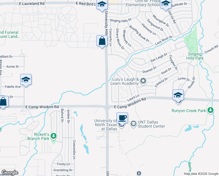 map of restaurants, bars, coffee shops, grocery stores, and more near 1251 Hidden Valley Drive in Dallas