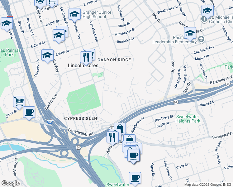 map of restaurants, bars, coffee shops, grocery stores, and more near 3011 Baker Place in National City
