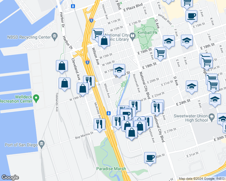 map of restaurants, bars, coffee shops, grocery stores, and more near 1998 Wilson Avenue in National City