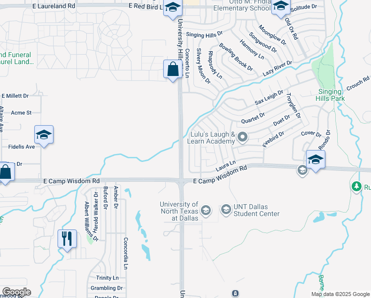 map of restaurants, bars, coffee shops, grocery stores, and more near 1251 Hidden Valley Drive in Dallas
