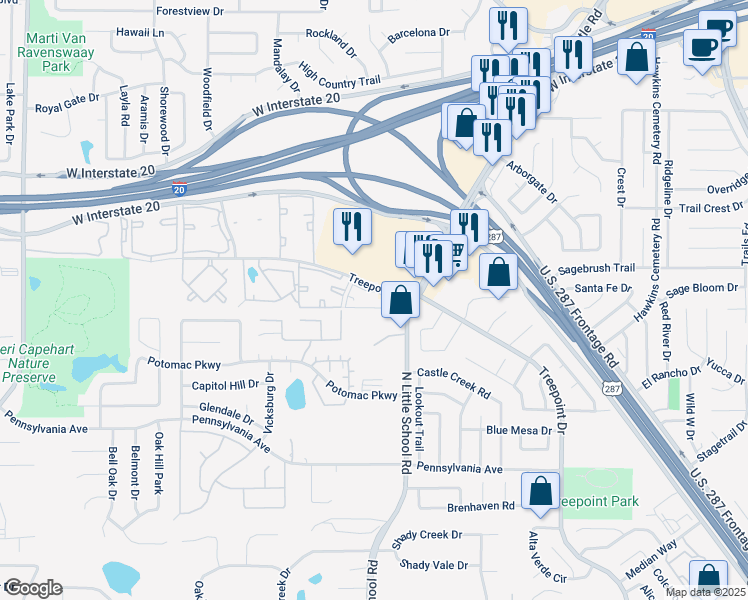 map of restaurants, bars, coffee shops, grocery stores, and more near 5017 Southpoint Drive in Arlington
