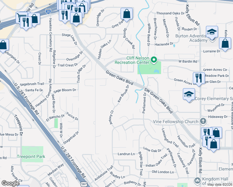map of restaurants, bars, coffee shops, grocery stores, and more near 5107 Kee Brook Drive in Arlington