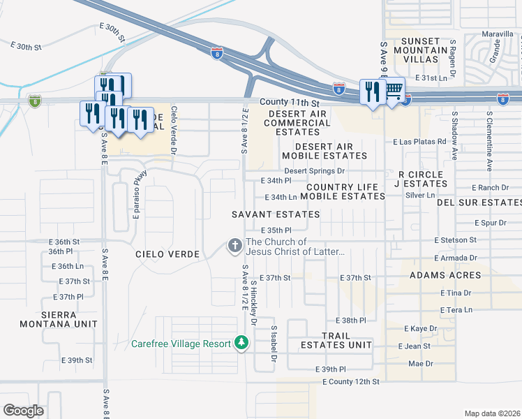 map of restaurants, bars, coffee shops, grocery stores, and more near 8552 East 35th Place in Yuma