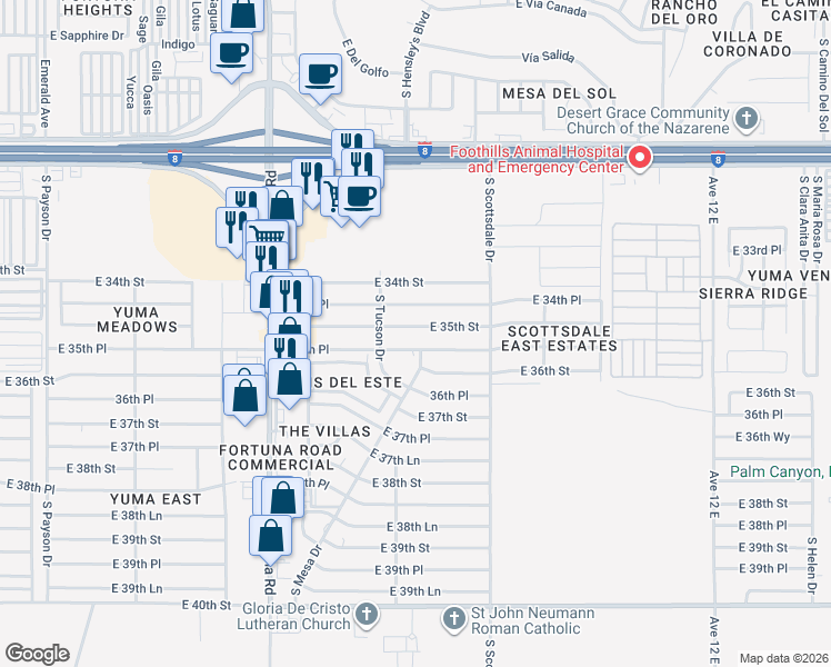 map of restaurants, bars, coffee shops, grocery stores, and more near 11333 South Mesa Drive in Yuma