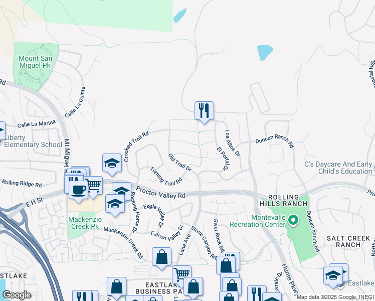 map of restaurants, bars, coffee shops, grocery stores, and more near 2567 View Trail Court in Chula Vista