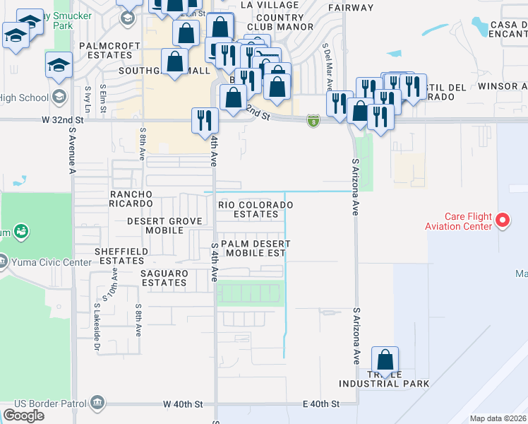 map of restaurants, bars, coffee shops, grocery stores, and more near 134 West Casa Blanca Drive in Yuma