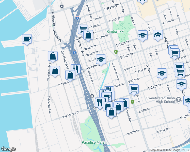 map of restaurants, bars, coffee shops, grocery stores, and more near 1998 Wilson Avenue in National City