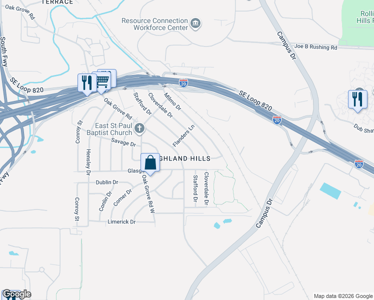 map of restaurants, bars, coffee shops, grocery stores, and more near 1512 Roma Lane in Fort Worth