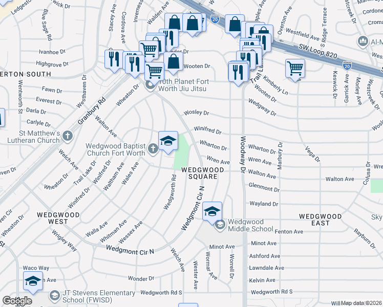 map of restaurants, bars, coffee shops, grocery stores, and more near 5521 Wharton Drive in Fort Worth