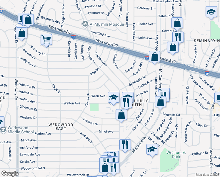 map of restaurants, bars, coffee shops, grocery stores, and more near 5613 Morley Avenue in Fort Worth