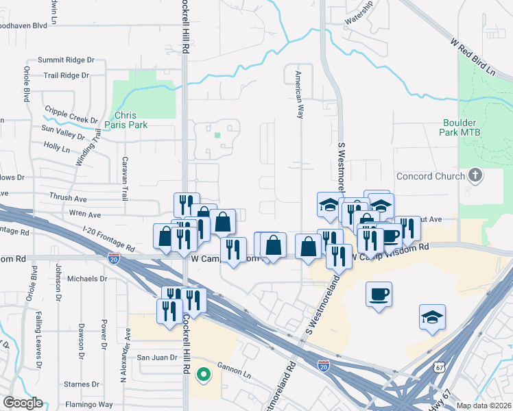 map of restaurants, bars, coffee shops, grocery stores, and more near 6951 Sammy Circle in Dallas