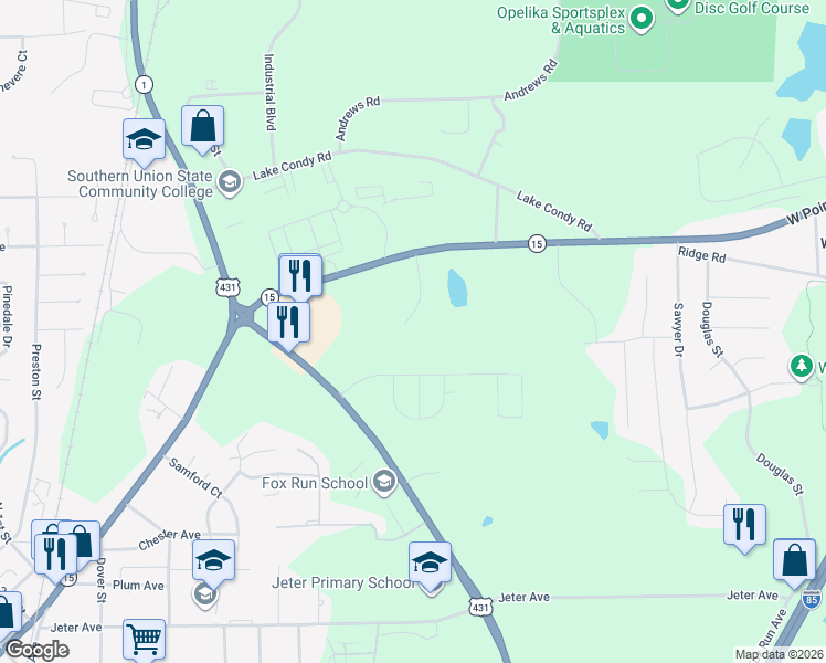 map of restaurants, bars, coffee shops, grocery stores, and more near 1500 Pinehurst Drive in Opelika