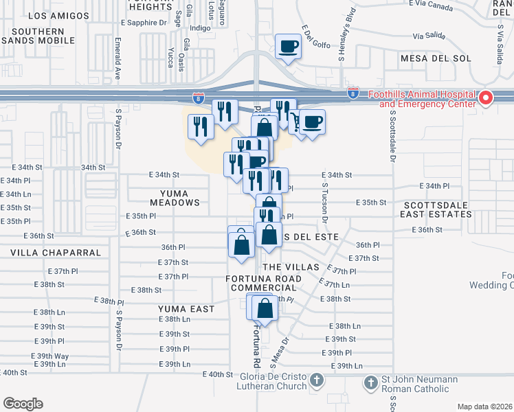 map of restaurants, bars, coffee shops, grocery stores, and more near South Fortuna Road in Yuma