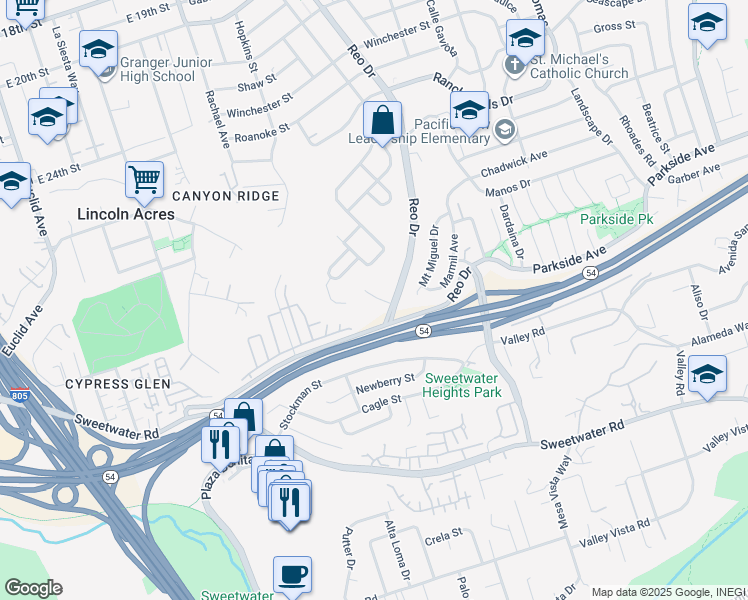 map of restaurants, bars, coffee shops, grocery stores, and more near 5875 Reo Terrace in San Diego