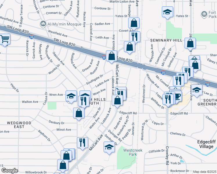 map of restaurants, bars, coffee shops, grocery stores, and more near 2717 Larkin Avenue in Fort Worth