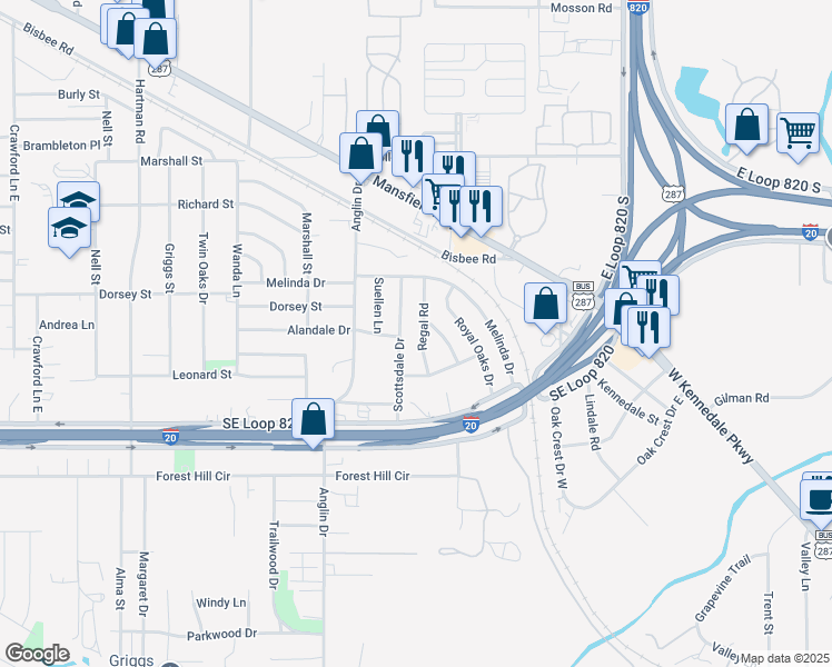 map of restaurants, bars, coffee shops, grocery stores, and more near 6404 Regal Road in Forest Hill