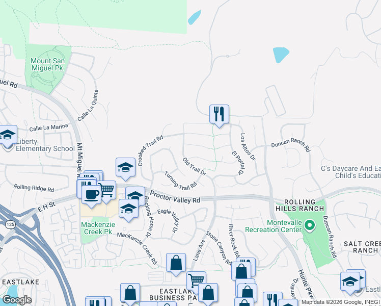 map of restaurants, bars, coffee shops, grocery stores, and more near 2541 High Trail Court in Chula Vista