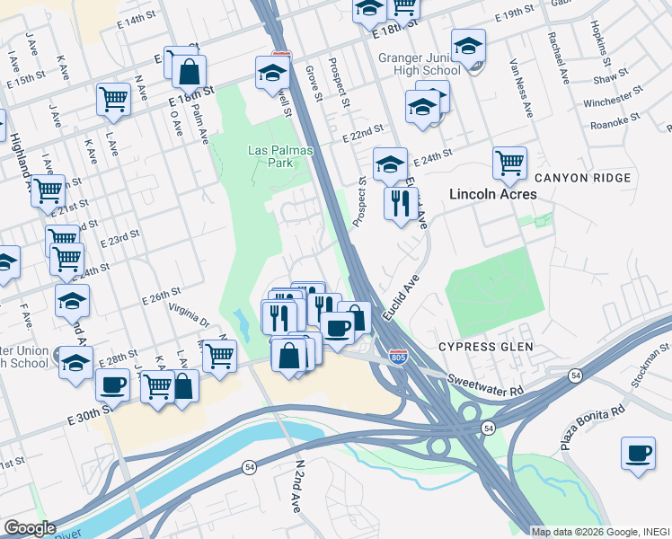 map of restaurants, bars, coffee shops, grocery stores, and more near 2575 Grove Street in National City