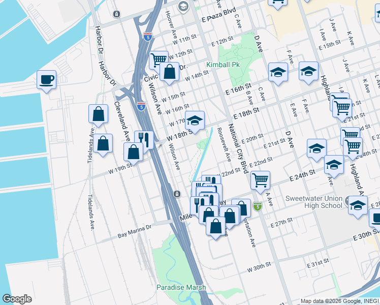 map of restaurants, bars, coffee shops, grocery stores, and more near 302 West 19th Street in National City