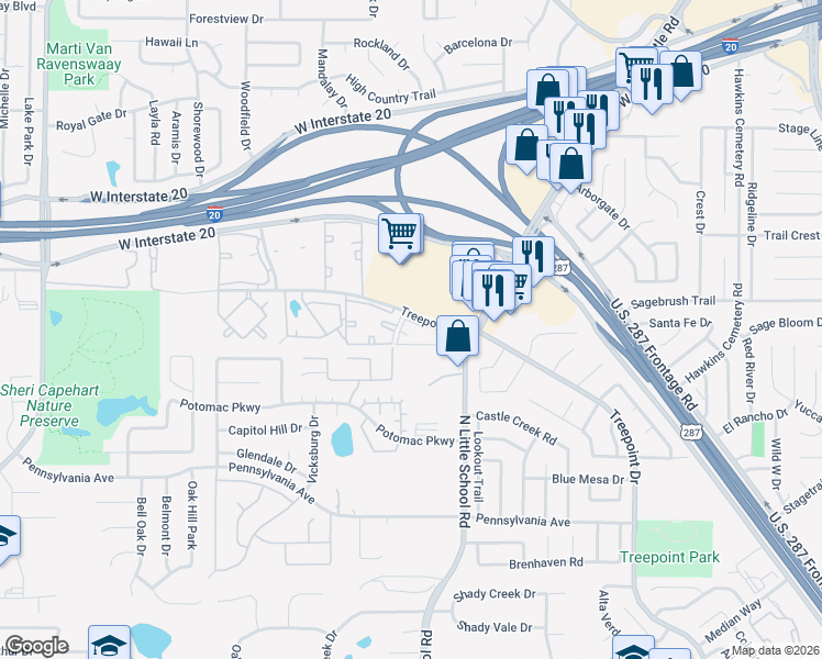 map of restaurants, bars, coffee shops, grocery stores, and more near 5001 Tealcove Drive in Arlington