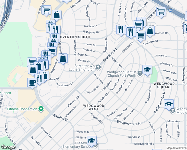 map of restaurants, bars, coffee shops, grocery stores, and more near in Fort Worth