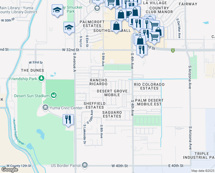 map of restaurants, bars, coffee shops, grocery stores, and more near 3445 South Castle Drive in Yuma