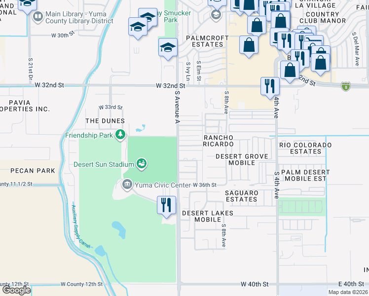 map of restaurants, bars, coffee shops, grocery stores, and more near 3401-3423 South Avenue A in Yuma