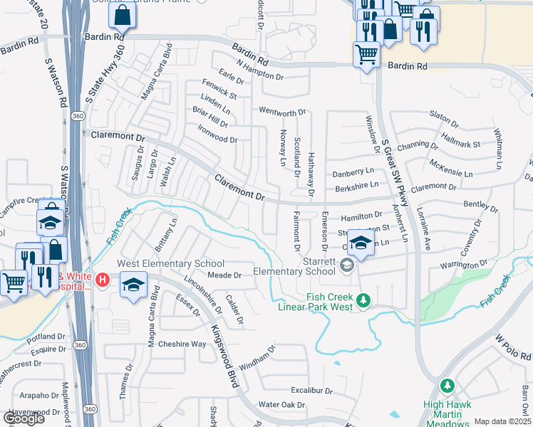 map of restaurants, bars, coffee shops, grocery stores, and more near 4312 Grason Drive in Grand Prairie