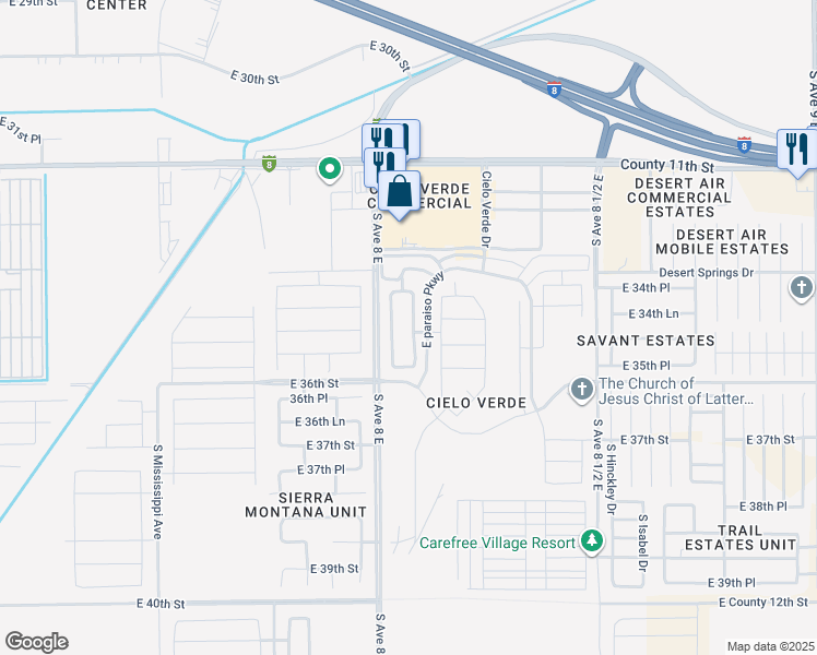 map of restaurants, bars, coffee shops, grocery stores, and more near 3498 South Woodpecker Way in Yuma