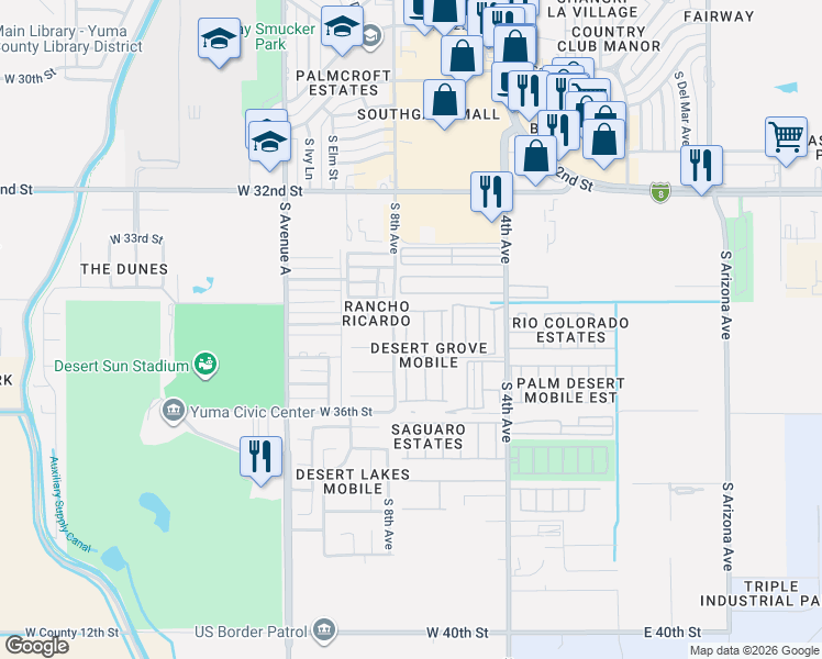 map of restaurants, bars, coffee shops, grocery stores, and more near 790 West Princess Lane in Yuma