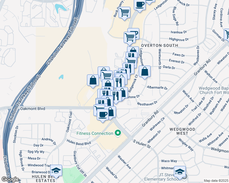 map of restaurants, bars, coffee shops, grocery stores, and more near Oakleaf Drive in Fort Worth