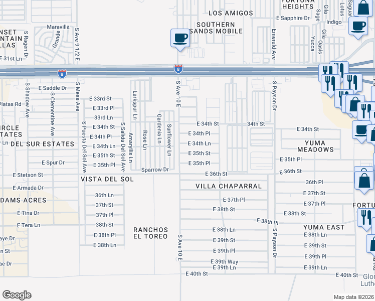 map of restaurants, bars, coffee shops, grocery stores, and more near 11250 South Avenue 10 E in Yuma