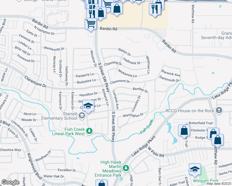 map of restaurants, bars, coffee shops, grocery stores, and more near 2530 Clayton Oaks Drive in Grand Prairie