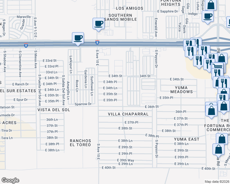 map of restaurants, bars, coffee shops, grocery stores, and more near 10212 East 35th Street in Yuma