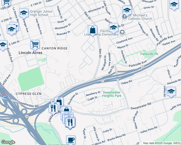map of restaurants, bars, coffee shops, grocery stores, and more near 3170 Reo Drive in San Diego
