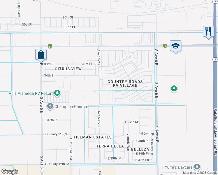 map of restaurants, bars, coffee shops, grocery stores, and more near 5577 East 34th Place in Yuma