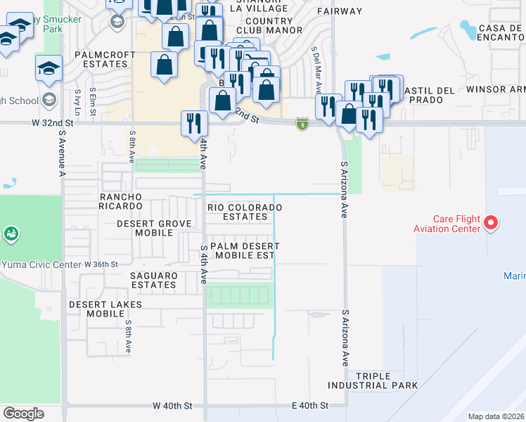 map of restaurants, bars, coffee shops, grocery stores, and more near 50 West El Camino Drive in Yuma
