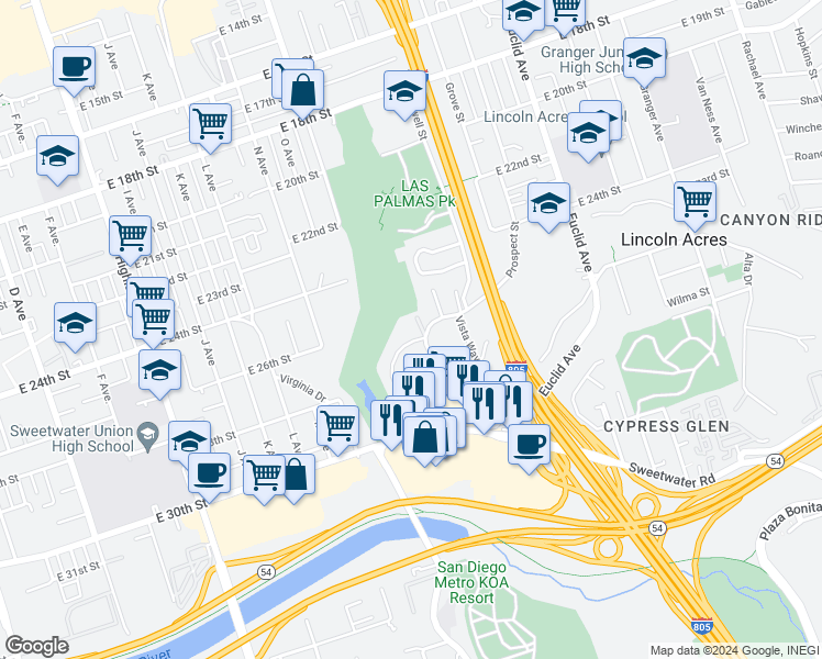 map of restaurants, bars, coffee shops, grocery stores, and more near 2646 Grove Street in National City
