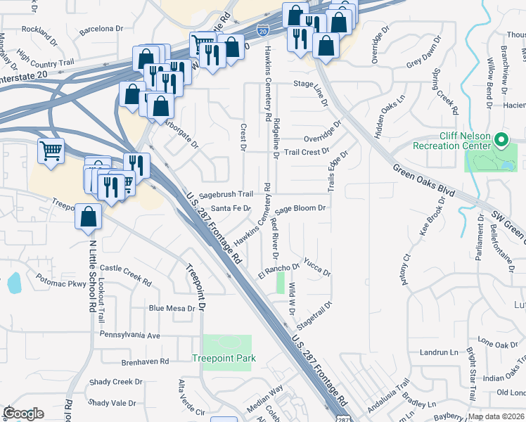 map of restaurants, bars, coffee shops, grocery stores, and more near 5804 Sagebrush Trail in Arlington
