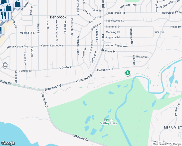 map of restaurants, bars, coffee shops, grocery stores, and more near 1307 Cozby Street East in Benbrook