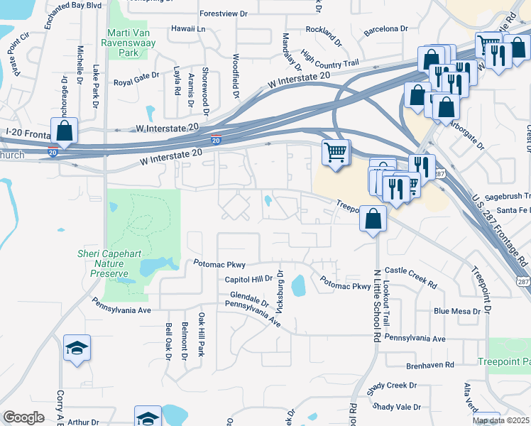 map of restaurants, bars, coffee shops, grocery stores, and more near 5015 Ridgetree Lane in Arlington
