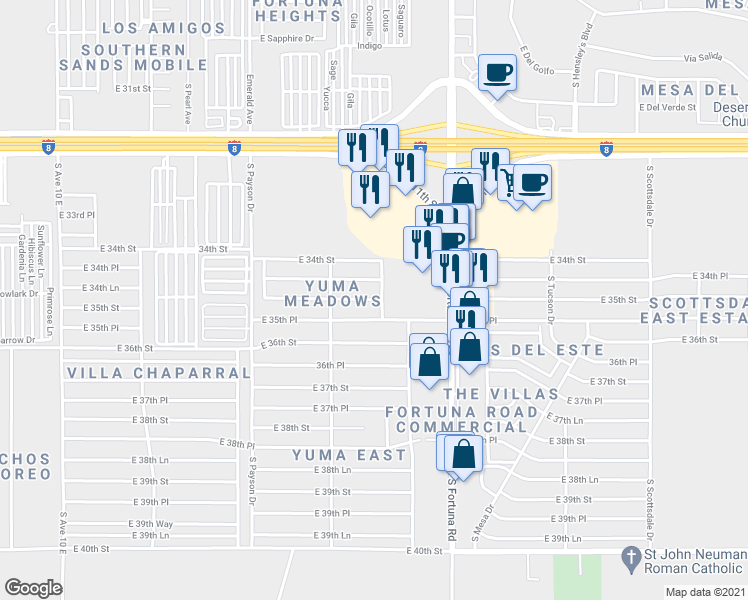 map of restaurants, bars, coffee shops, grocery stores, and more near 10700 East 35th Street in Yuma