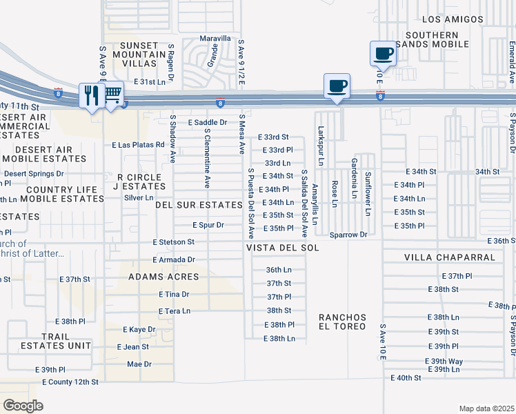 map of restaurants, bars, coffee shops, grocery stores, and more near 9563 East 34th Lane in Yuma