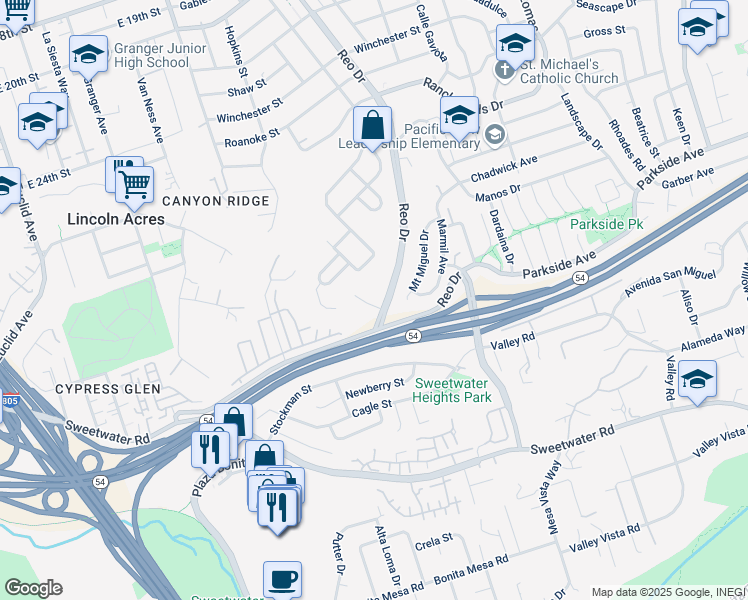 map of restaurants, bars, coffee shops, grocery stores, and more near 5875 Reo Terrace in San Diego