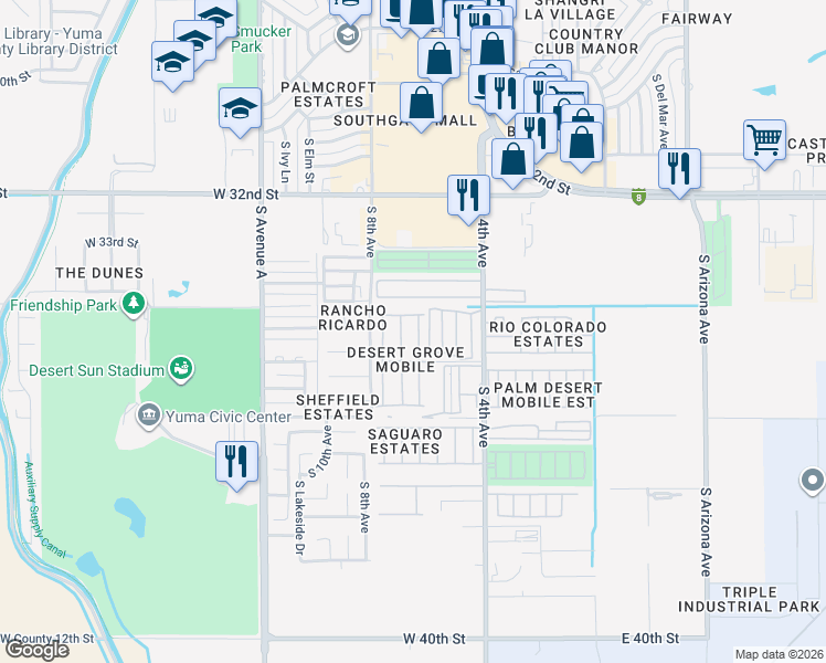 map of restaurants, bars, coffee shops, grocery stores, and more near 630 West Princess Lane in Yuma