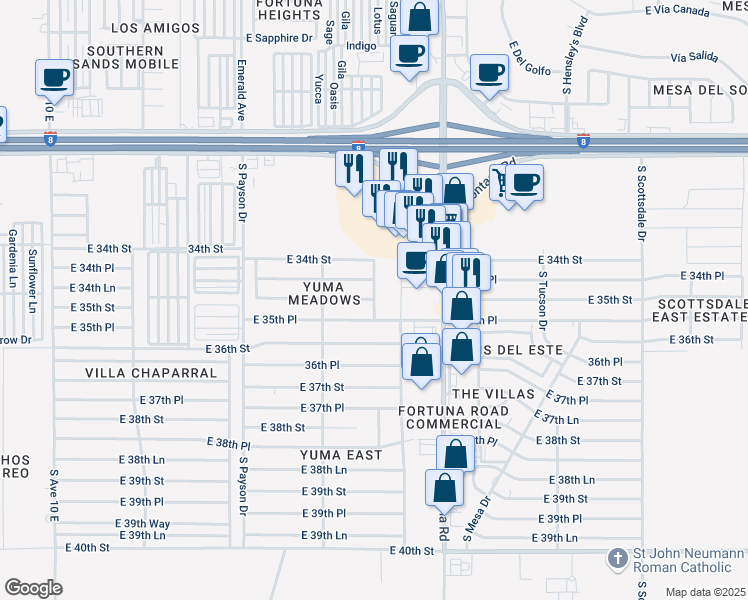 map of restaurants, bars, coffee shops, grocery stores, and more near Kingman Avenue in Yuma