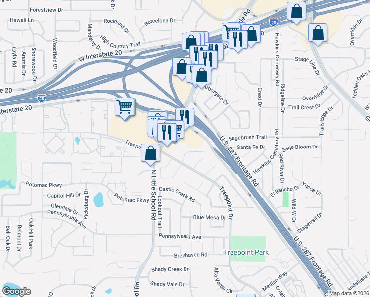 map of restaurants, bars, coffee shops, grocery stores, and more near 5045 Little School Road in Arlington