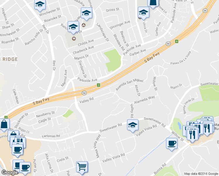 map of restaurants, bars, coffee shops, grocery stores, and more near 3511 Valley Road in Bonita