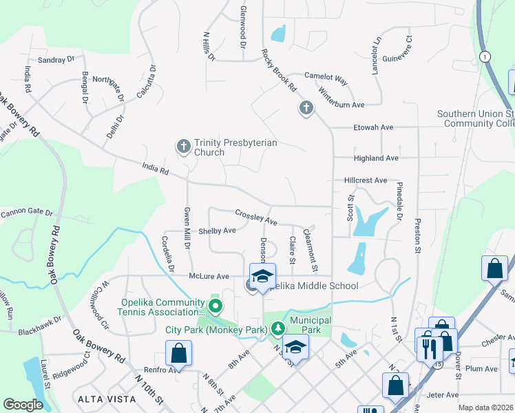 map of restaurants, bars, coffee shops, grocery stores, and more near 701 India Road in Opelika